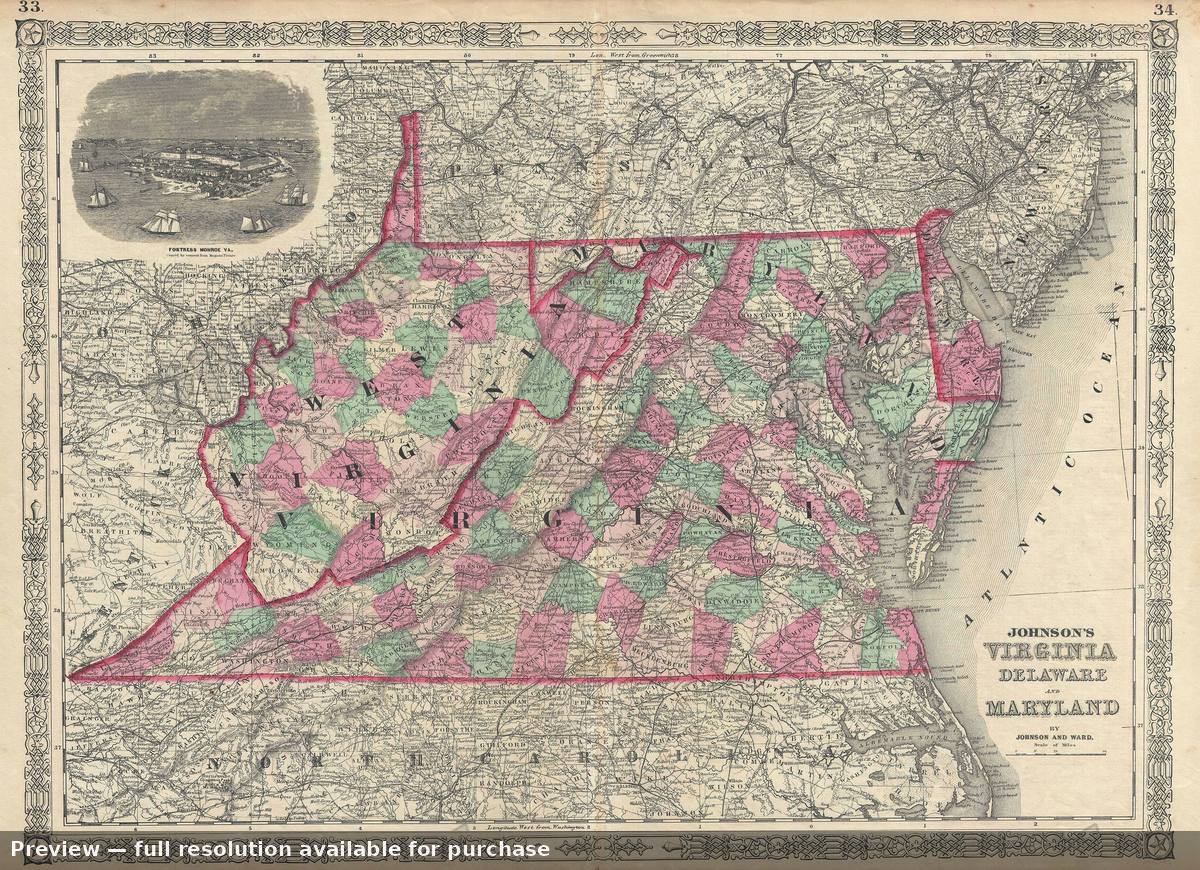 Antique map: Virginia Maryland, 1866, 1866