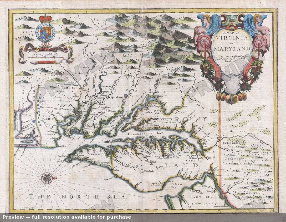 Antique map: Virginia Maryland, 1676, 1676