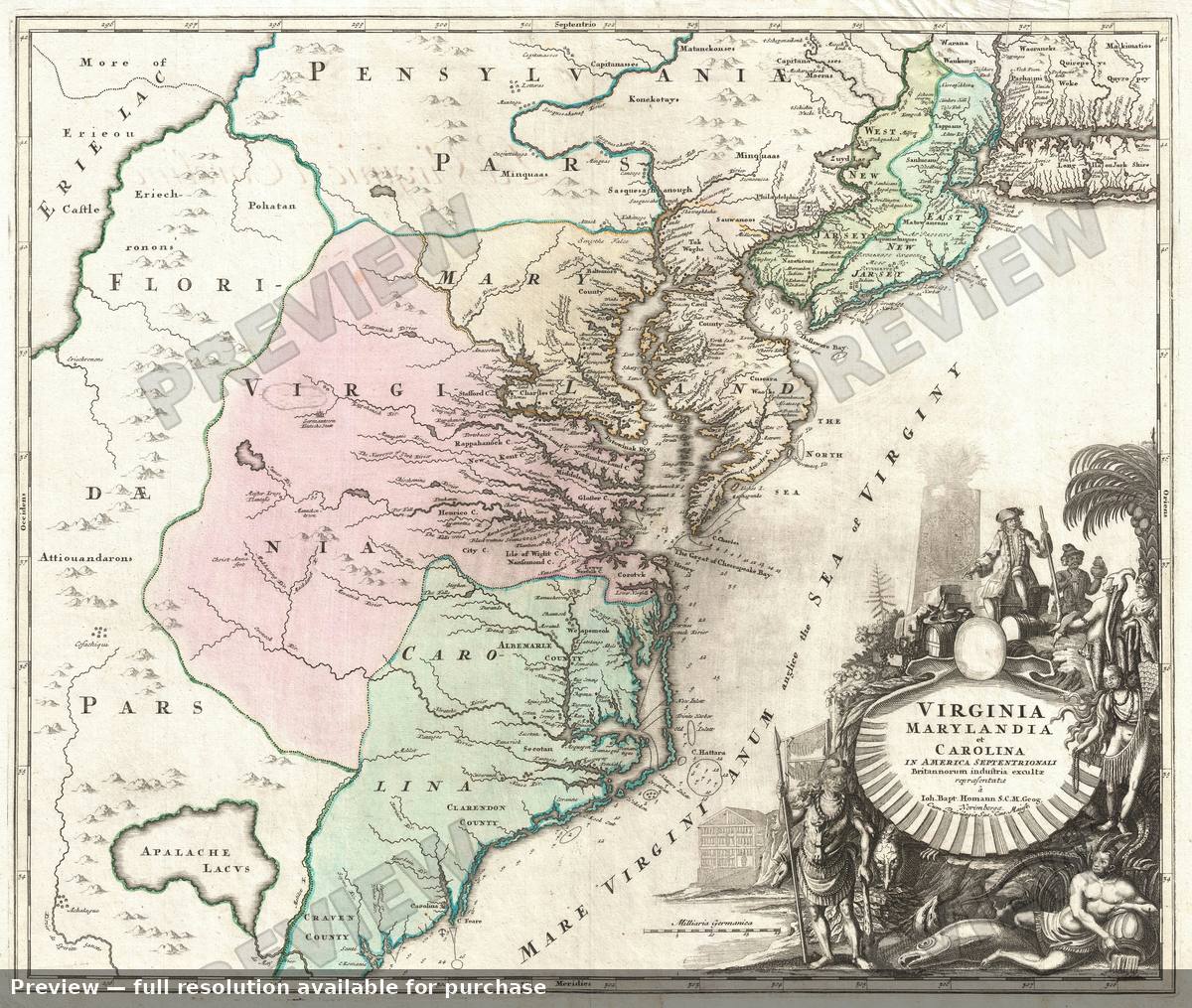 Antique map: Virginia Marylandia Carolina, 1715, 1715