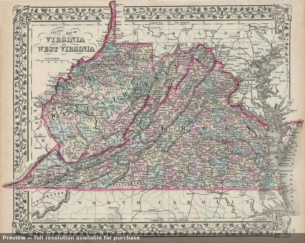 Antique map: Virginia West Virginia, 1872, 1872