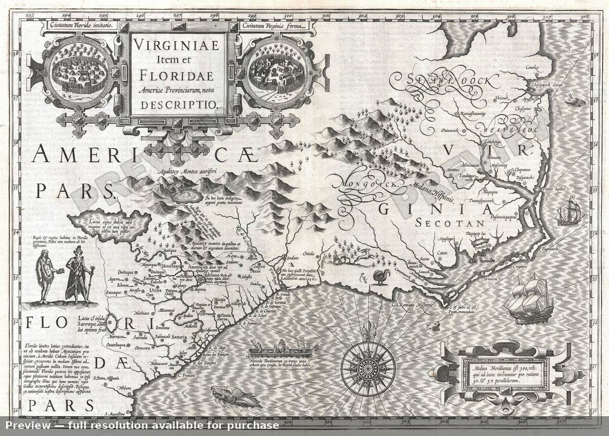 Antique map: Virginiae Itemet Floridae, 1606