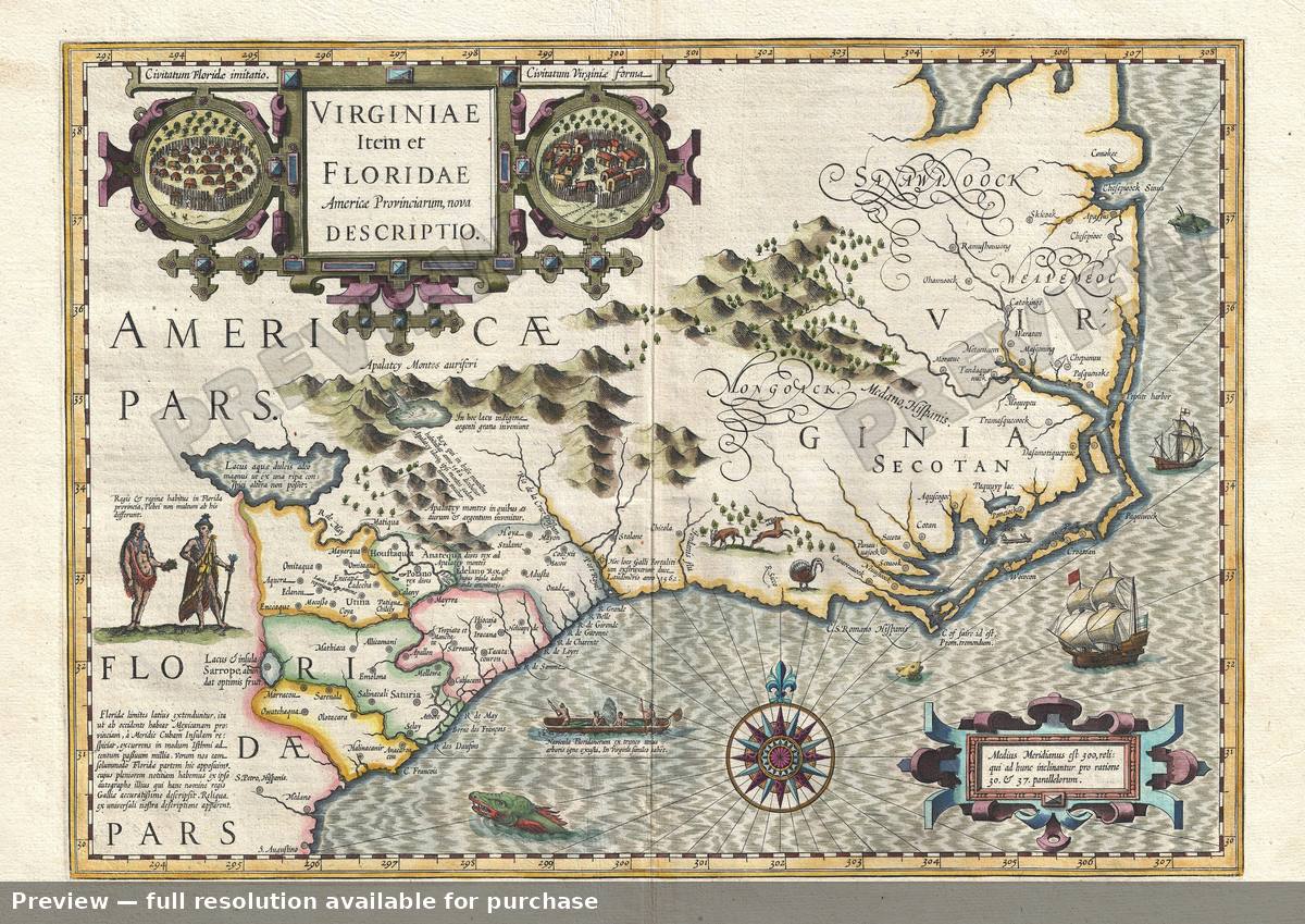 Antique map: Virginiae Itemet Floridae 3, 1606