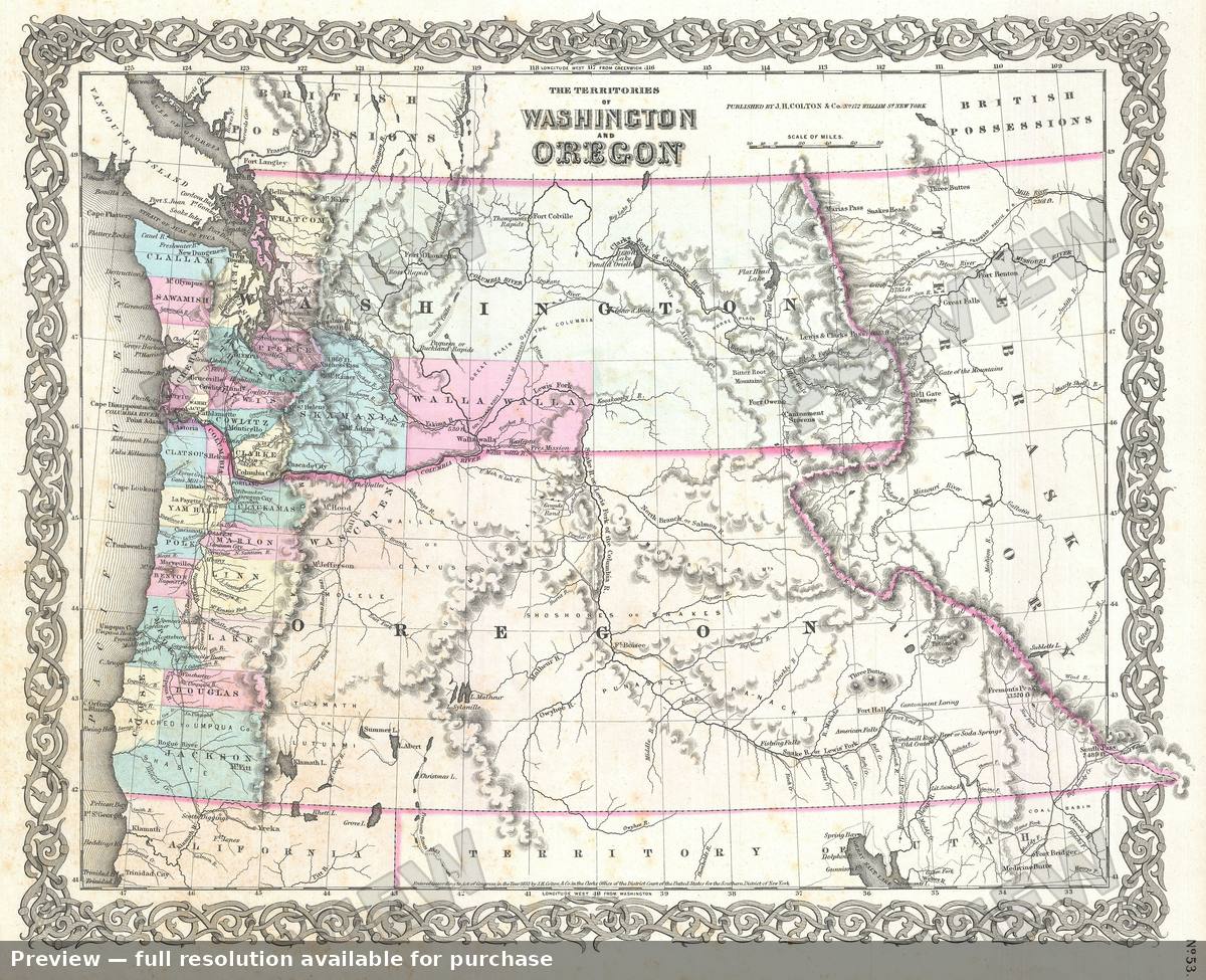 Antique map: Washington Oregon, 1855, 1855