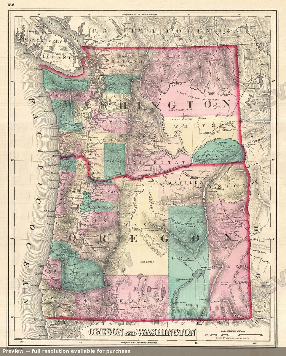 Antique map: Washington Oregon, 1875, 1875