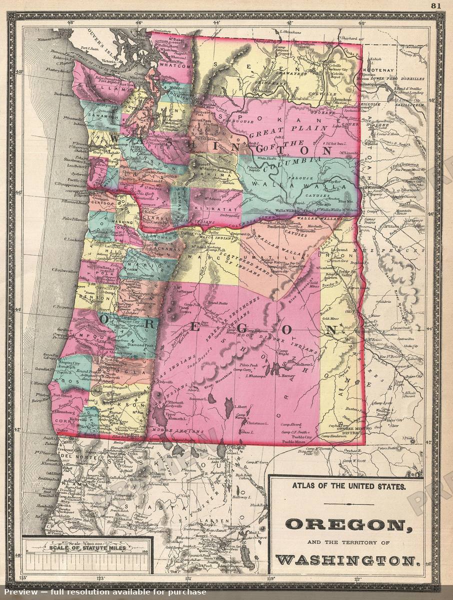 Antique map: Washington Oregon, 1872, 1872