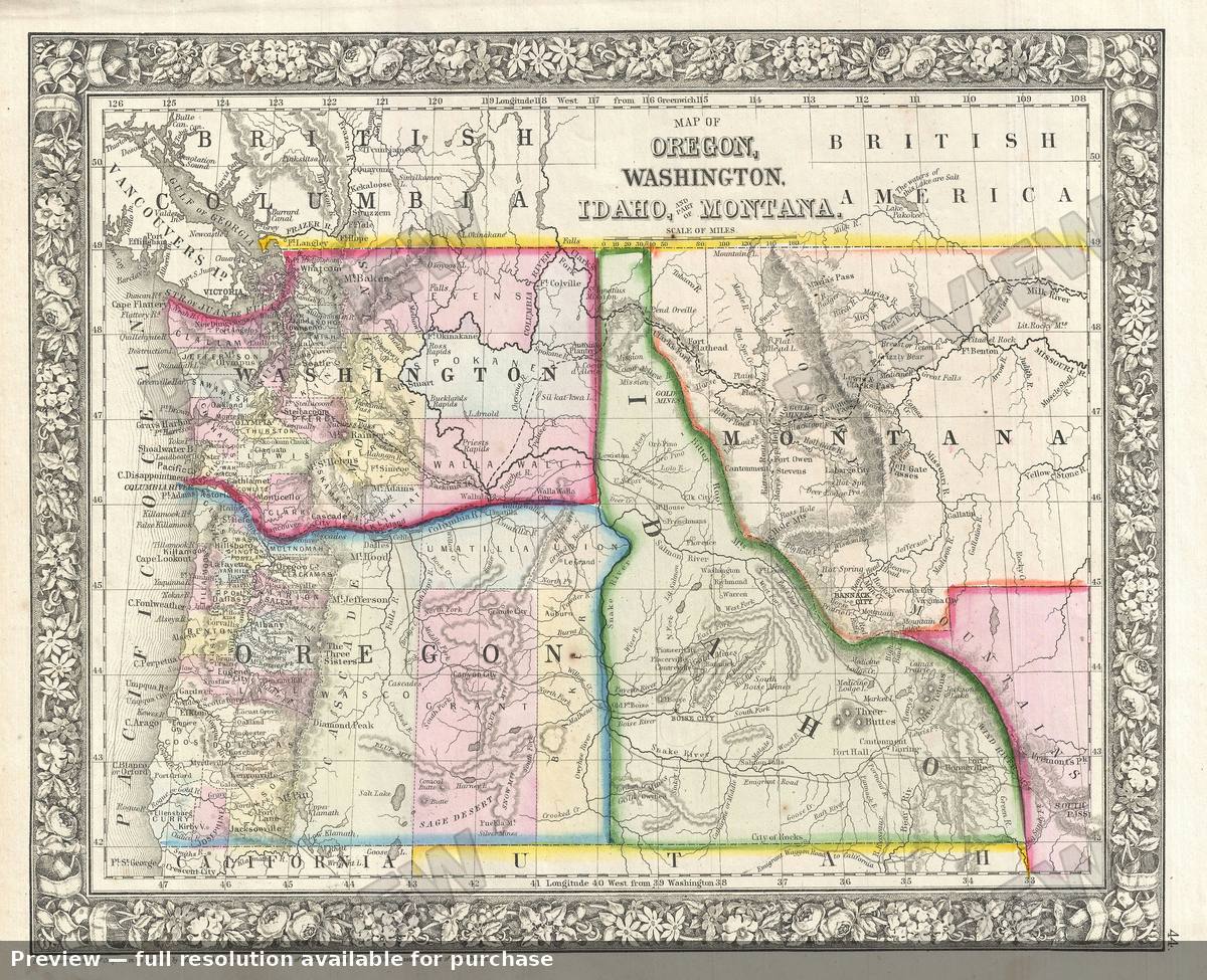 Antique map: Washington Oregon Idaho, 1866, 1866
