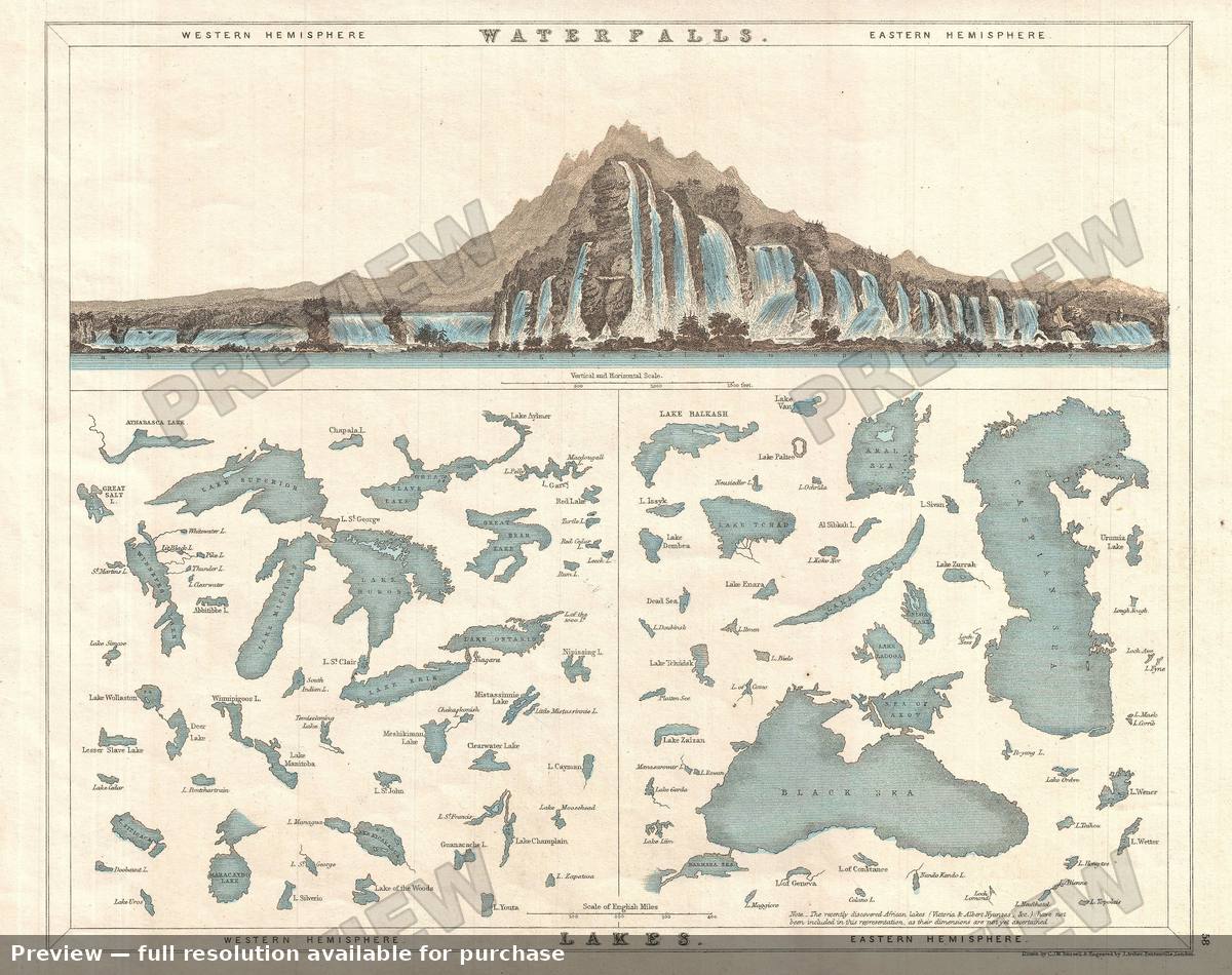 Antique map: Waterfalls Lakes, 1860, 1860