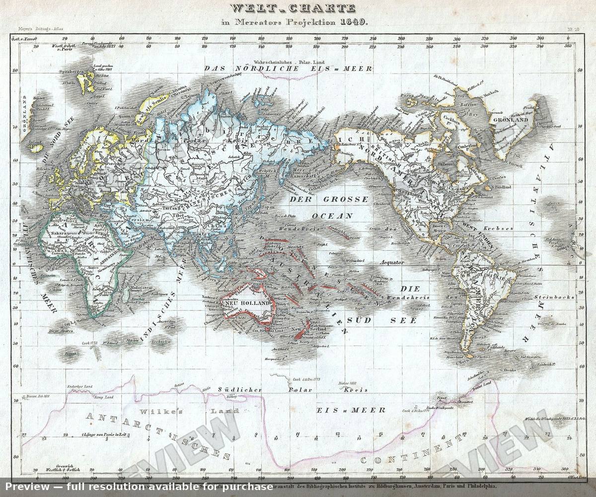 Antique map: Welt Charte, 1849