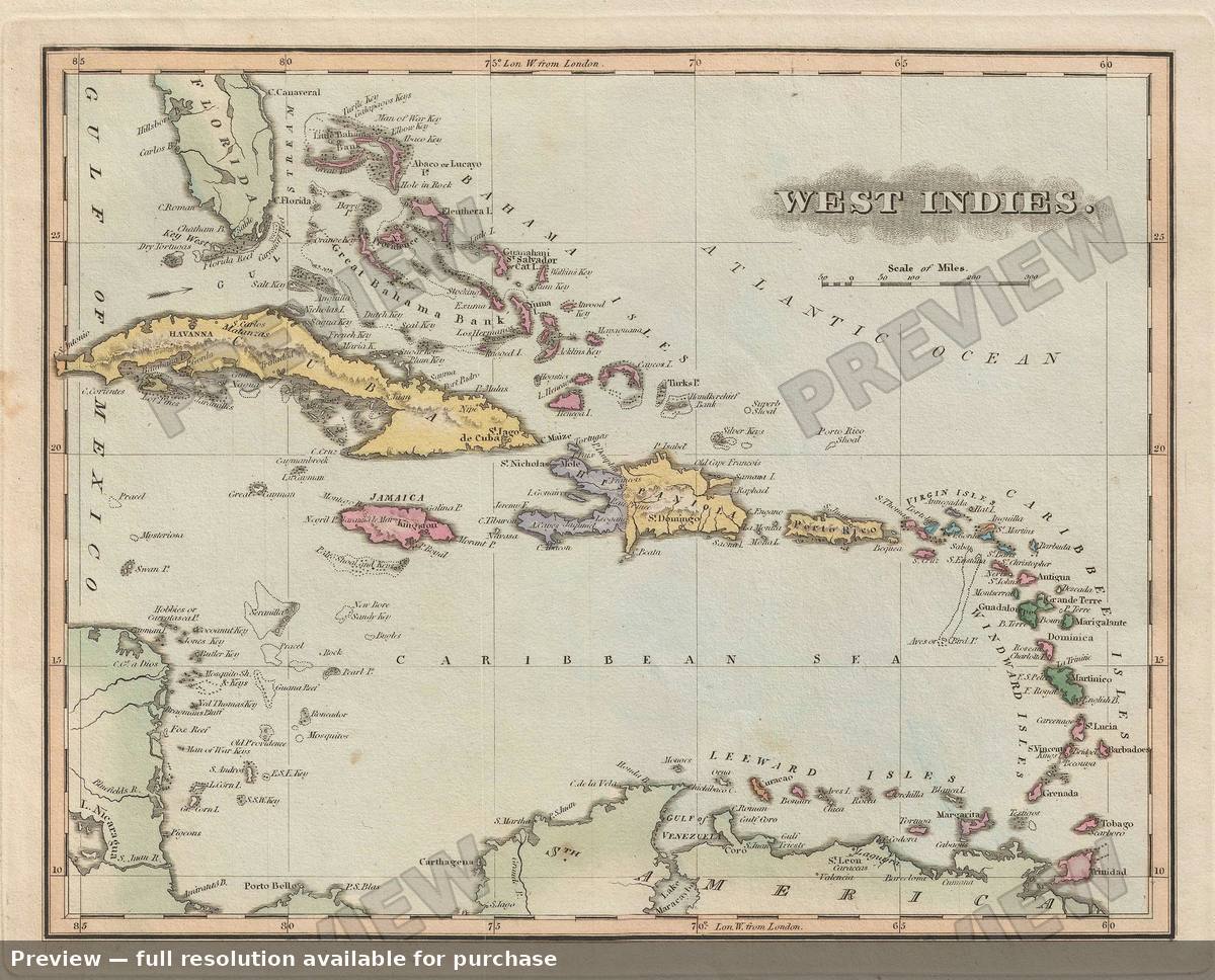 Antique map: West Indies, 1823, 1823