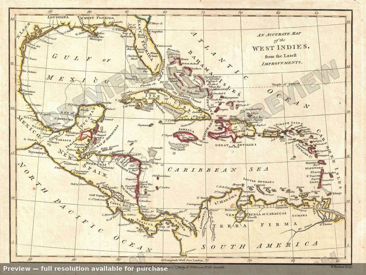 Antique map: West Indies, 1794