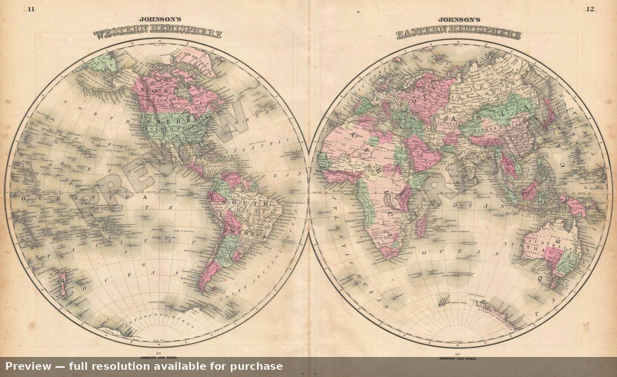 Antique map: Western Eastern Hemisphere, 1864, 1864