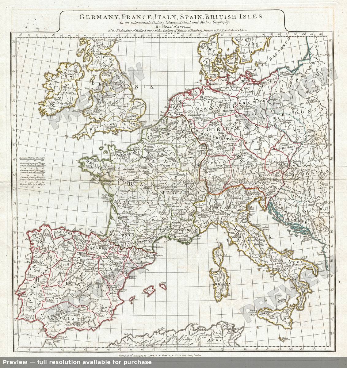Antique map: Western Europe, 1794