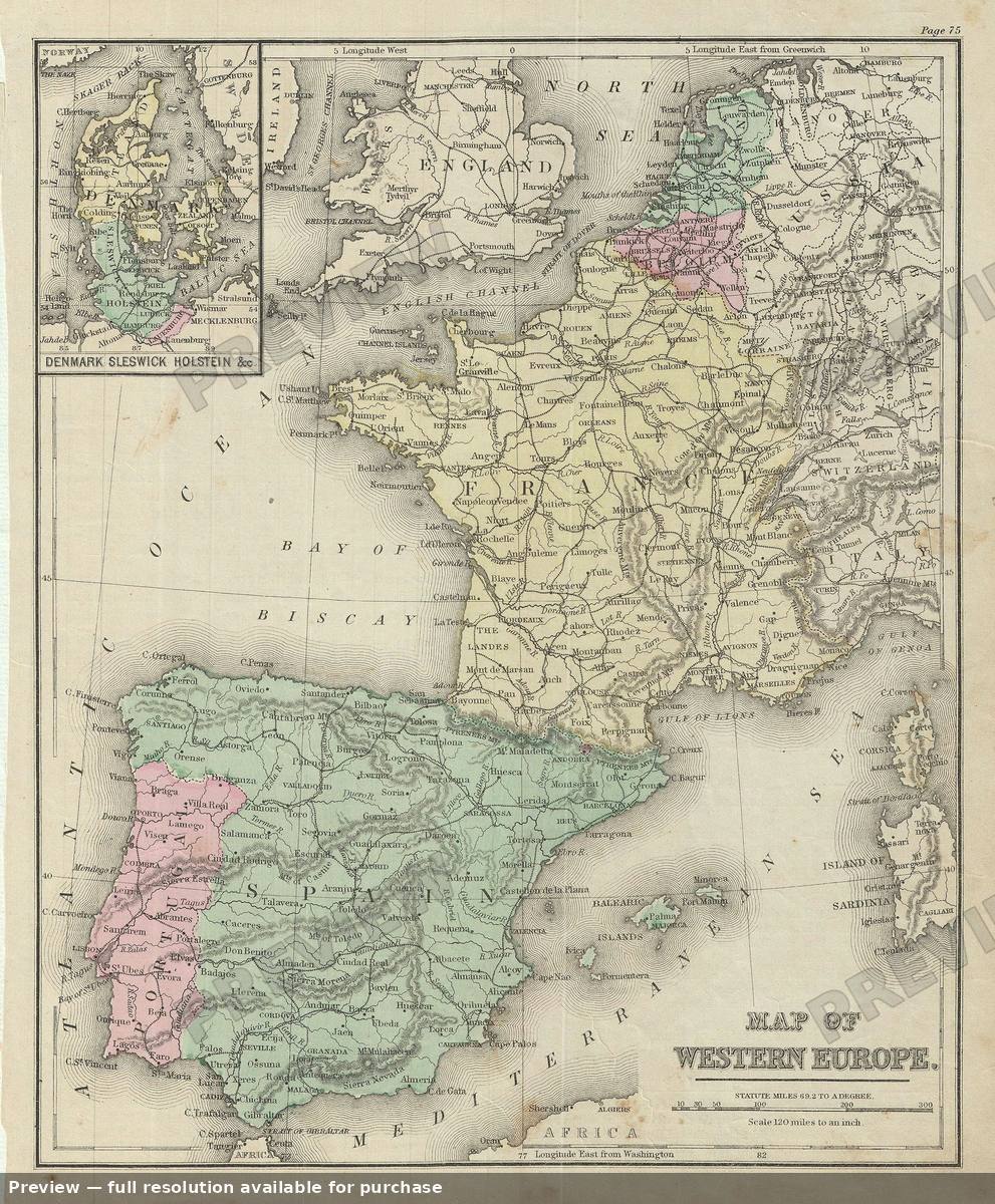 Antique map: Western Europe, 1879