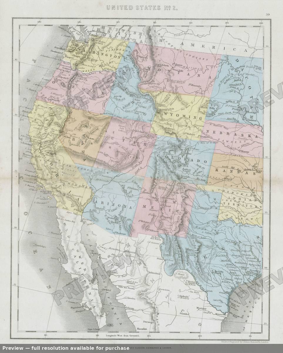 Antique map: Western USA, 1864
