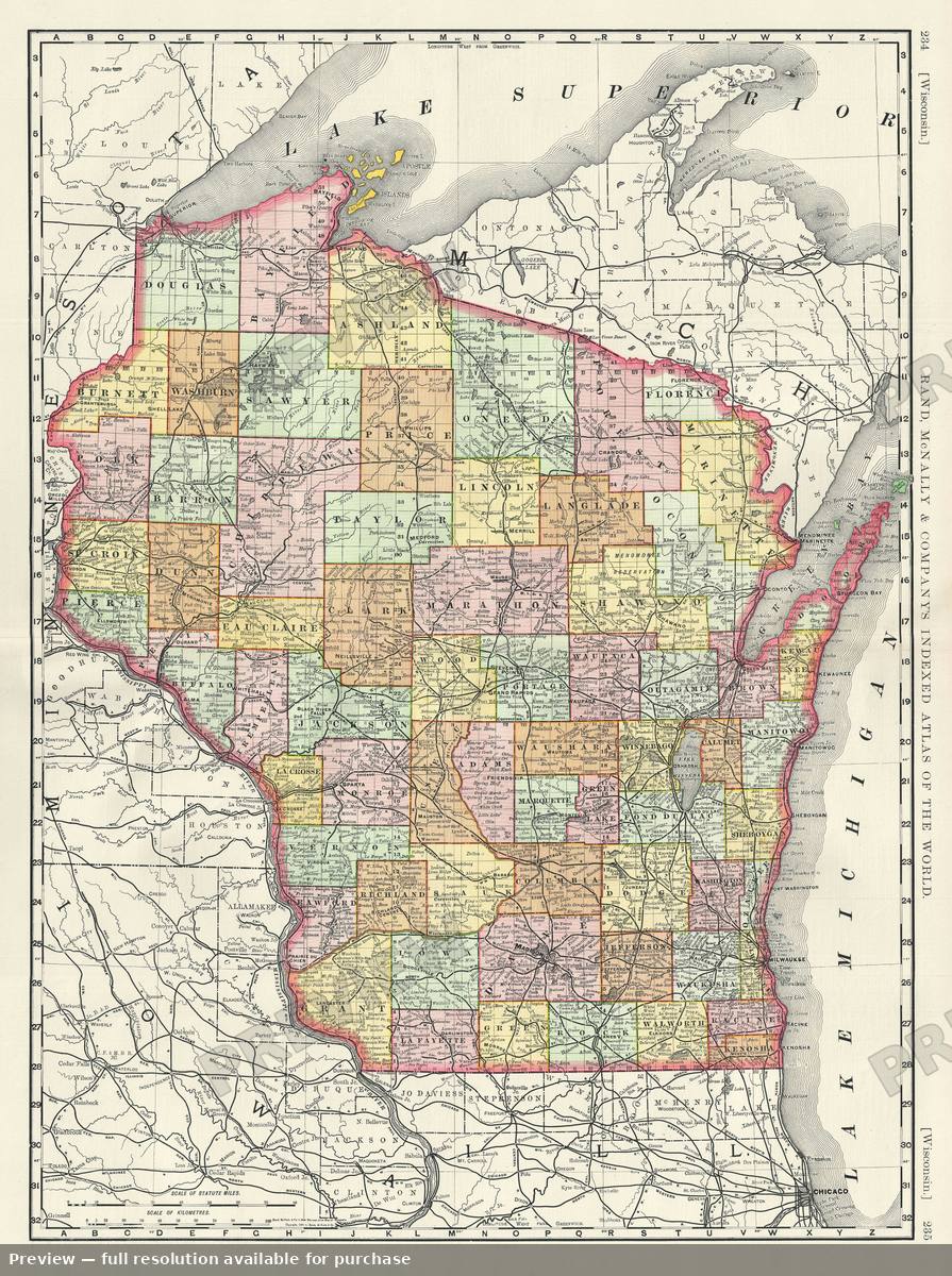 Antique map: Wisconsin, 1893, 1893
