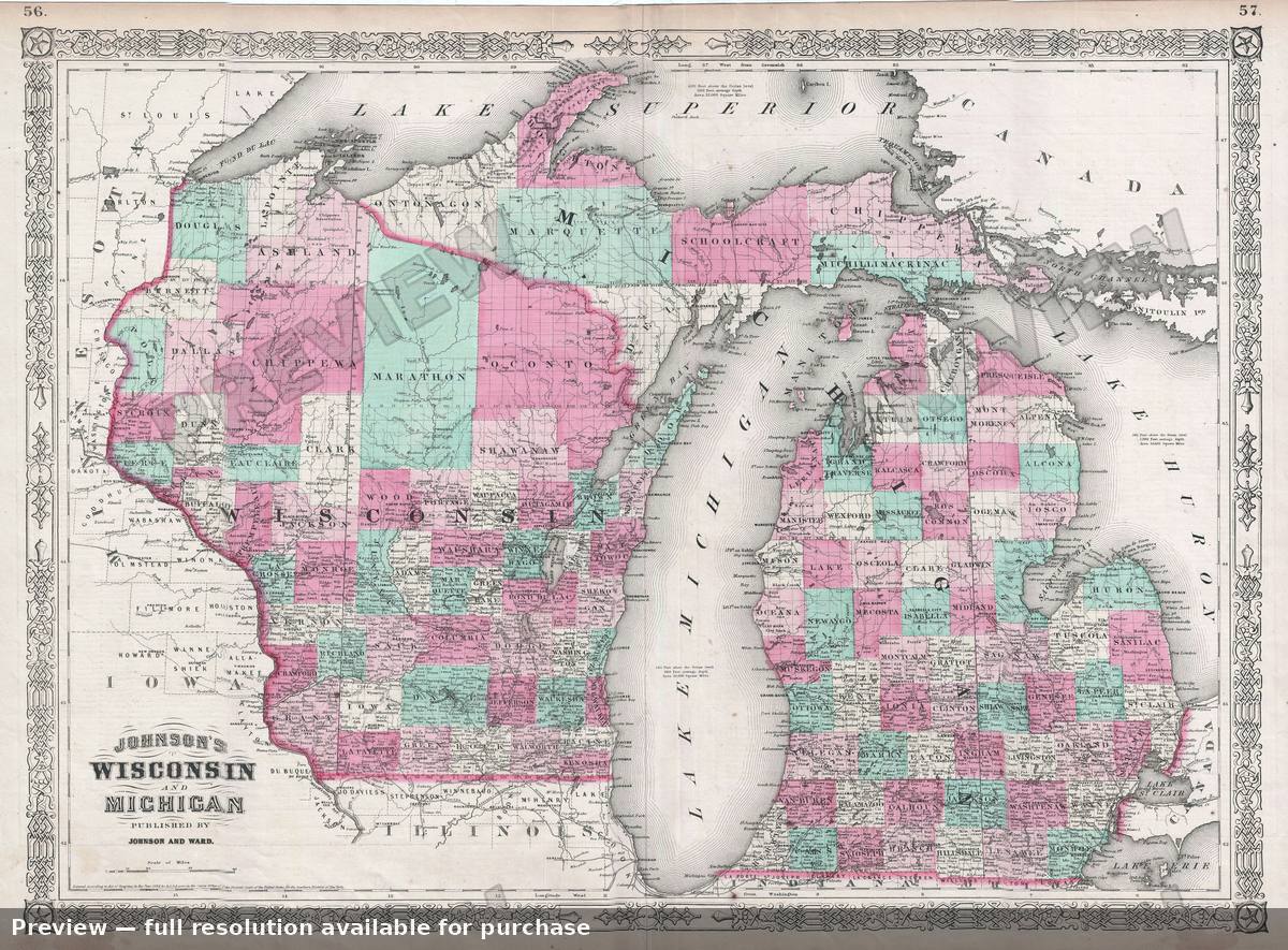 Antique map: Wisconsin Michigan, 1865, 1865