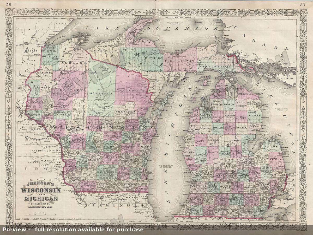 Antique map: Wisconsin Michigan, 1866, 1866