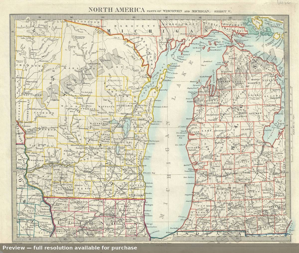 Antique map: Wisconsin Michigan, 1875, 1875