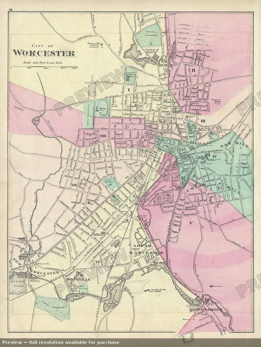 Antique map: Worchester, 1871