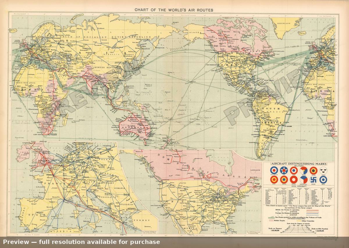 Antique map: World Air Routes, 1935