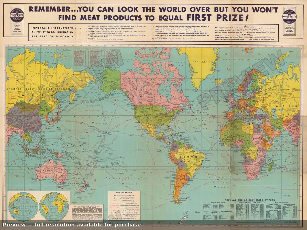 Antique map: World First Prize Meat, 1942, 1942