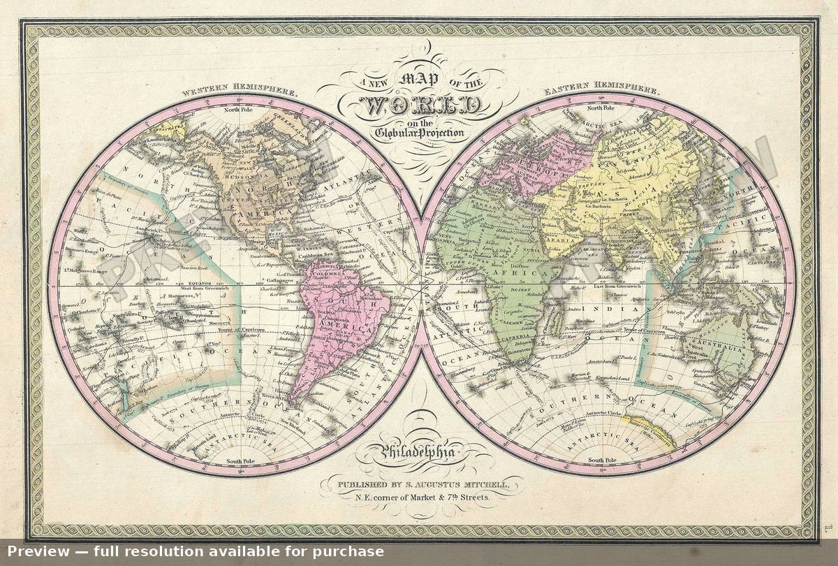 Antique map: World Globular, 1849, 1849