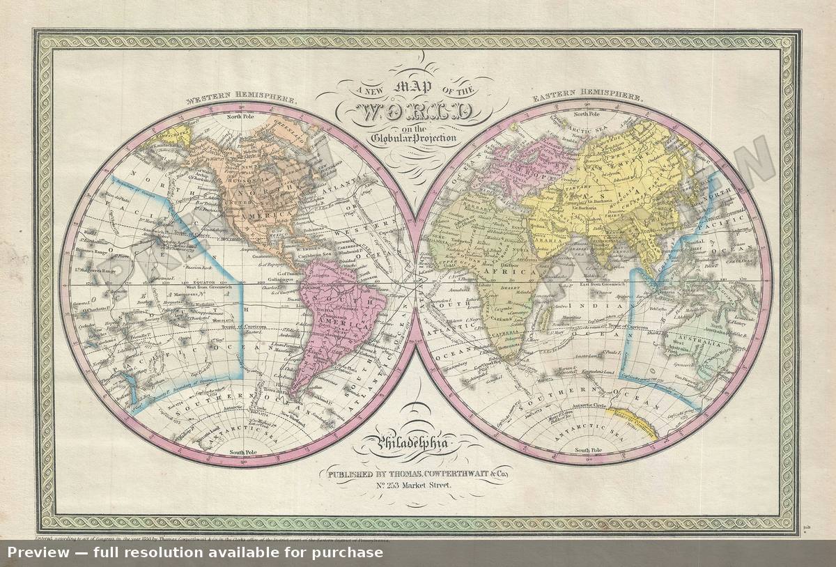Antique map: World Globular, 1850, 1850