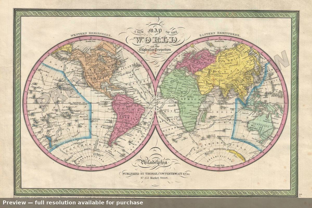Antique map: World Globular, 1854, 1854