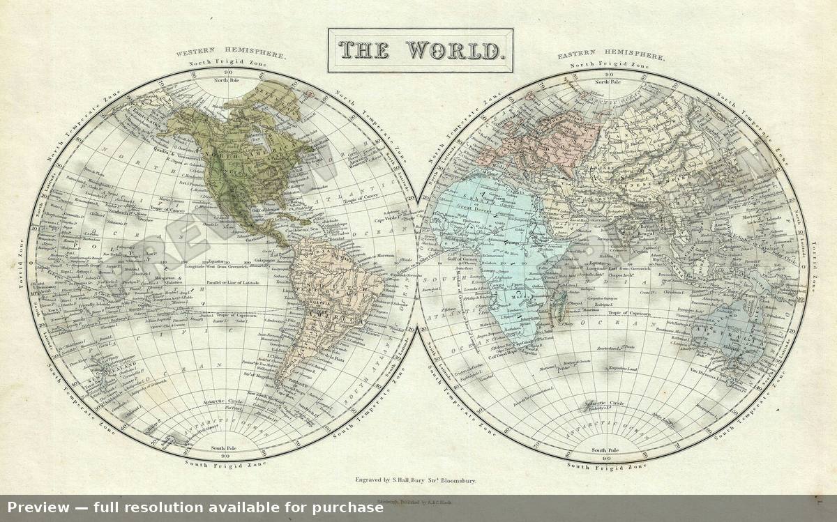 Antique map: World Hemi, 1851, 1851
