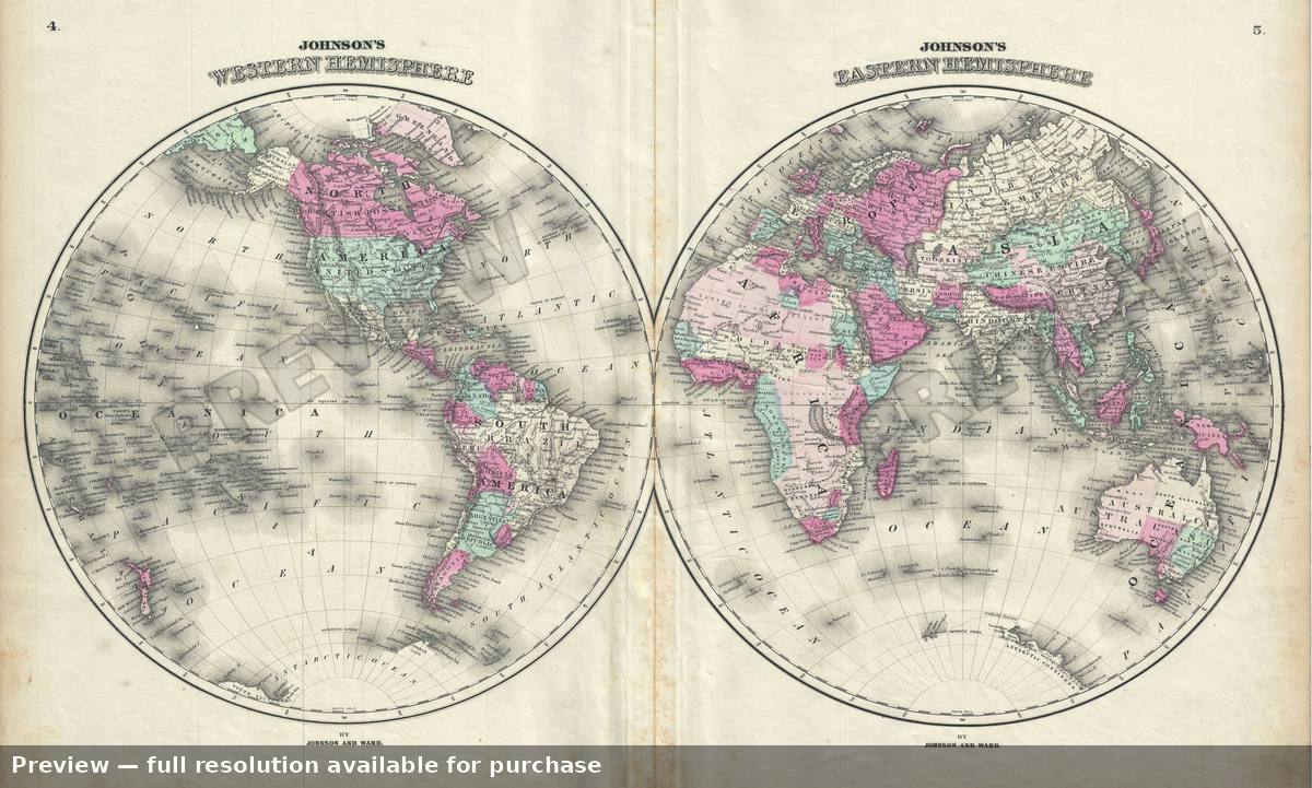 Antique map: World Hemi, 1863, 1863