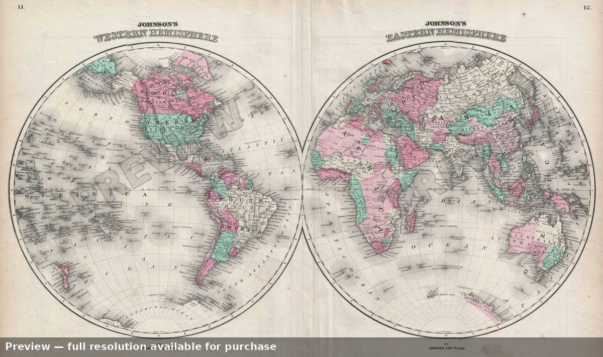Antique map: World Hemi, 1866, 1866