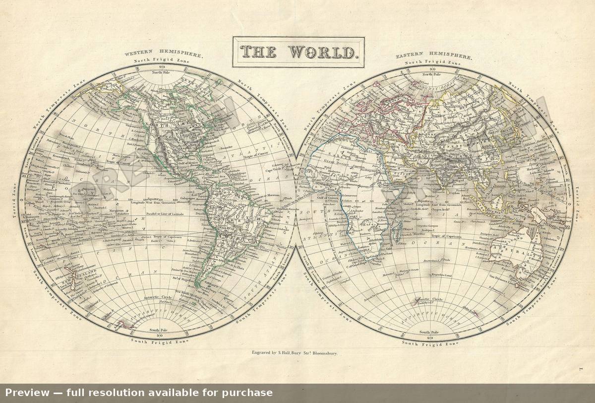 Antique map: World Hemispheres, 1844, 1844