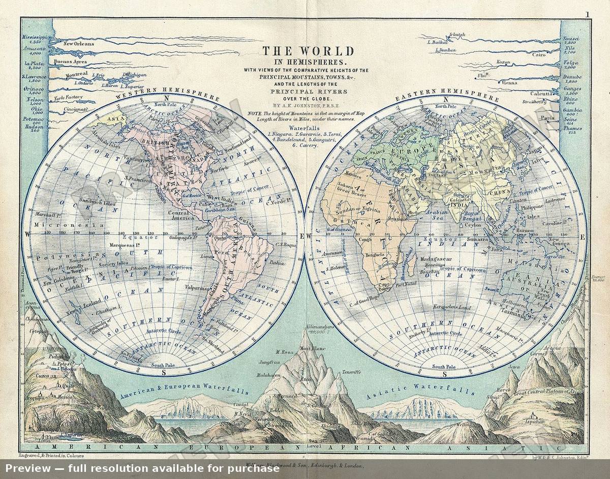 Antique map: World Hemispheres, 1852, 1852