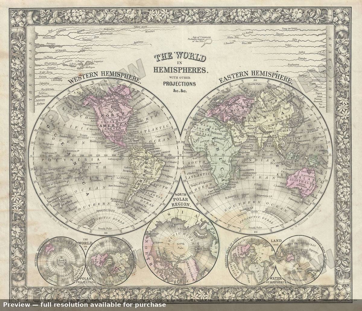 Antique map: World In Hemispheres, 1866, 1866