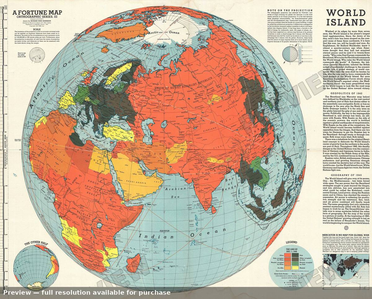 Antique map: World Island, 1943