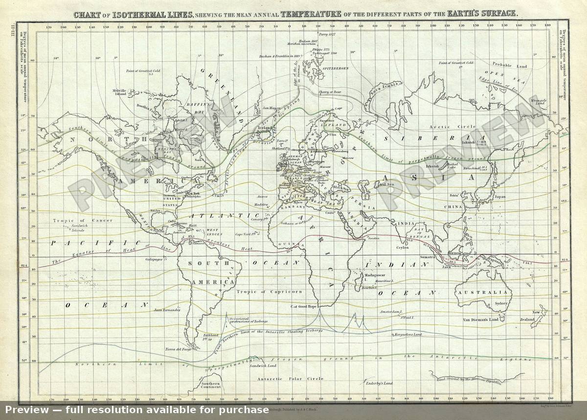 Antique map: World Isothermal, 1851, 1851