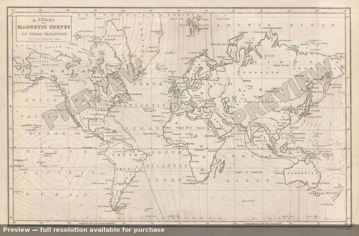 Antique map: World Magnetic Curves, 1840, 1840