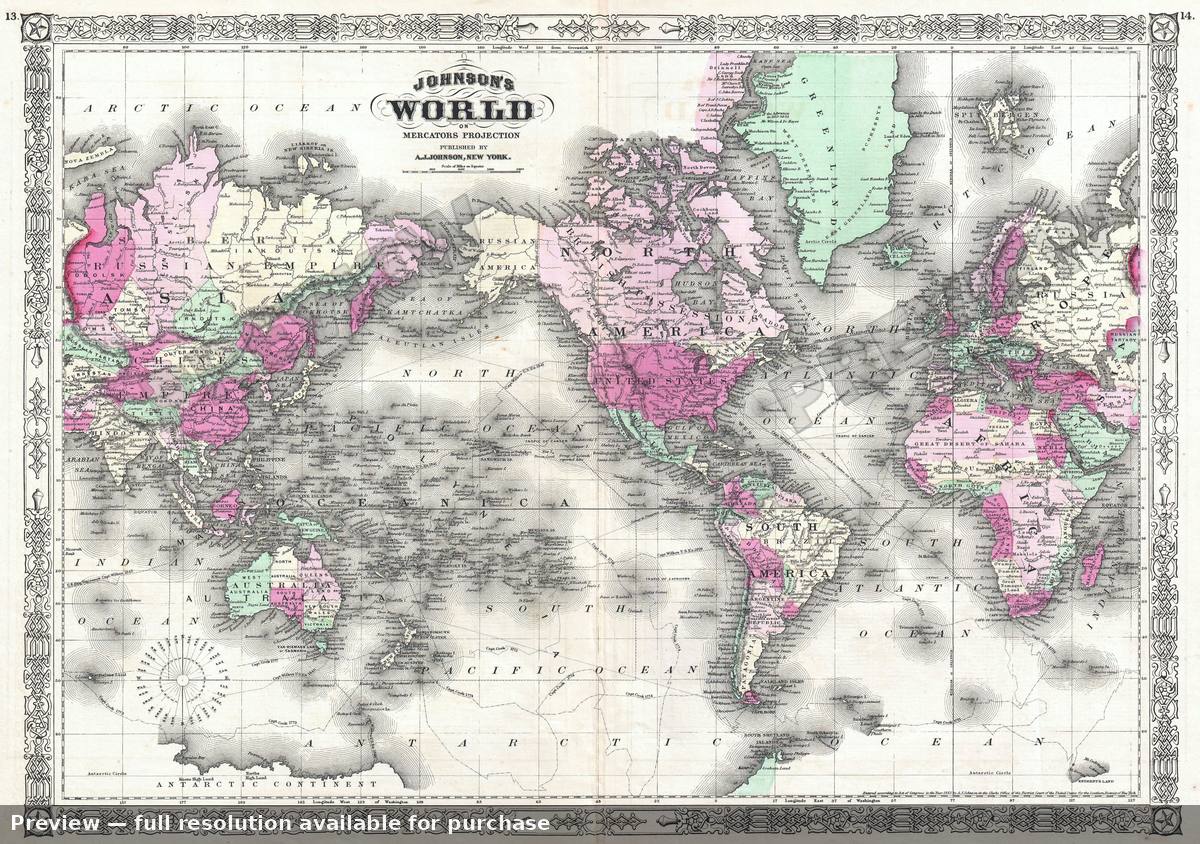 Antique map: World Merc, 1865, 1865
