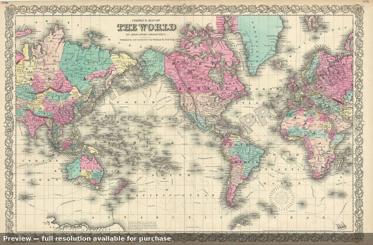Antique map: World Mercator 2, 1855, 1855