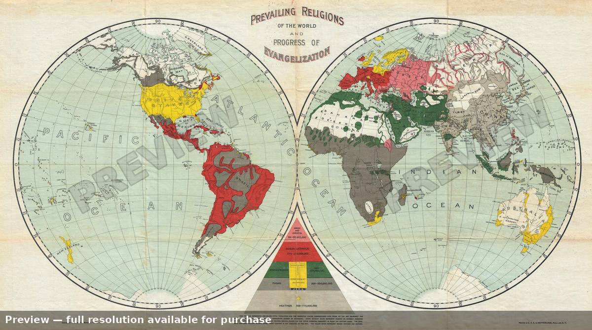 Antique map: World Religons Evangelization, 1894, 1894