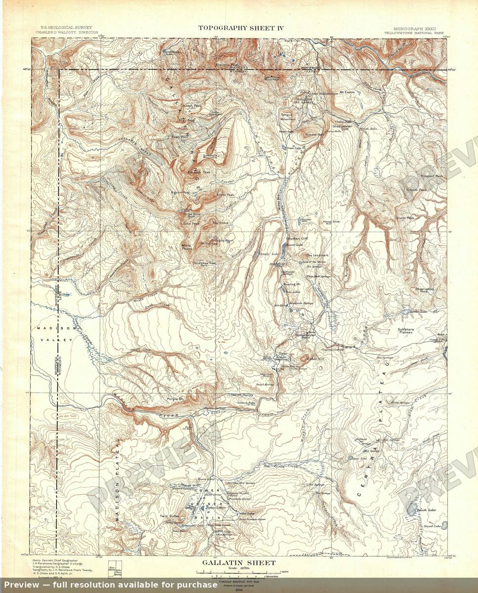 Antique map: Yellowstone Gallatin T, 1904