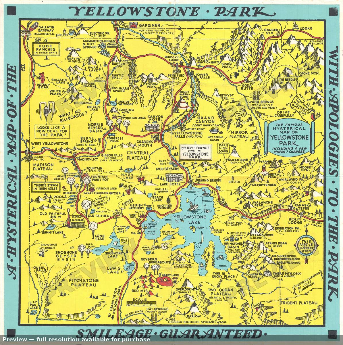Antique map: Yellowstone Park Hysterical, 1936, 1936