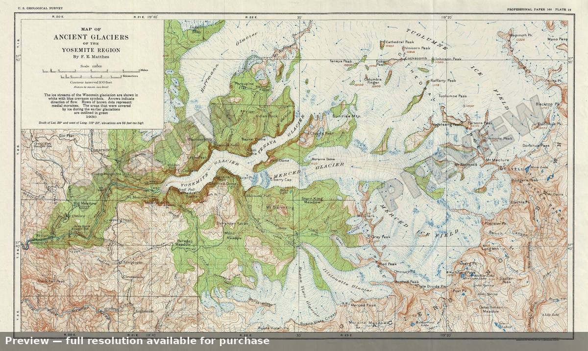 Antique map: Yosemite Glaciers, 1930