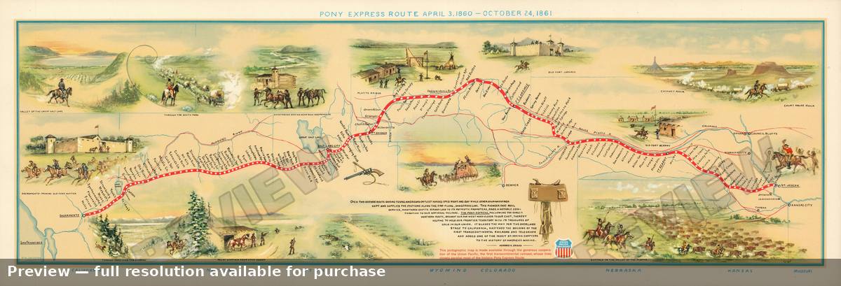 Antique map: ponyexpress, 1951, 1951